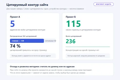 Обезличенный фрагмент замера: цитируемый контур двух сайтов — у одного пять адресов и три четверти цитирований на главной, у другого сто пятнадцать страниц без концентрации.